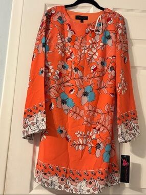 Glam Doll Bright Orange Floral Tunic with Blue Accents